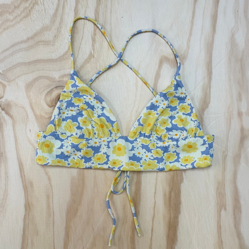 RVCA Womens Small Yellow Blue Floral Ribbed Triangle Bikini Top Cross Back Tie